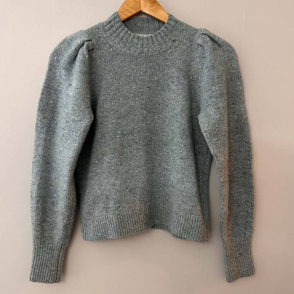 Faherty Boone Women Small Blue Puffed Sleeve Mock‎ Neck Wool Blend Knit Sweater